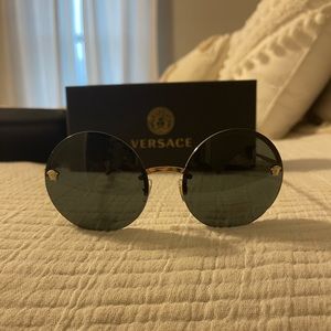 Versace Pale Gold Round Grey Lens Sunglasses